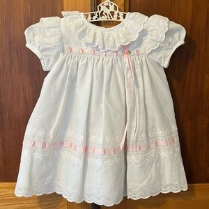 Vintage Sylvia Whyte White Baby Girl Dress with Pink Accents and Ruffles 24M